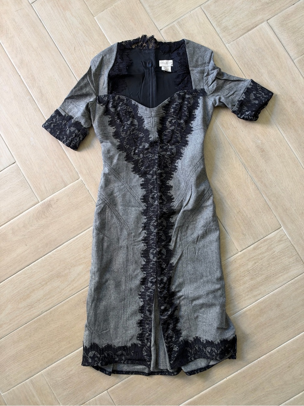Karen Millen Gray Midi Dress with Black Lace Trim
